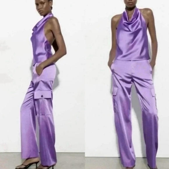 Zara Pants - Zara Satin Lavender Cargo Pants Silky Straight Leg Utility Trousers Size XS